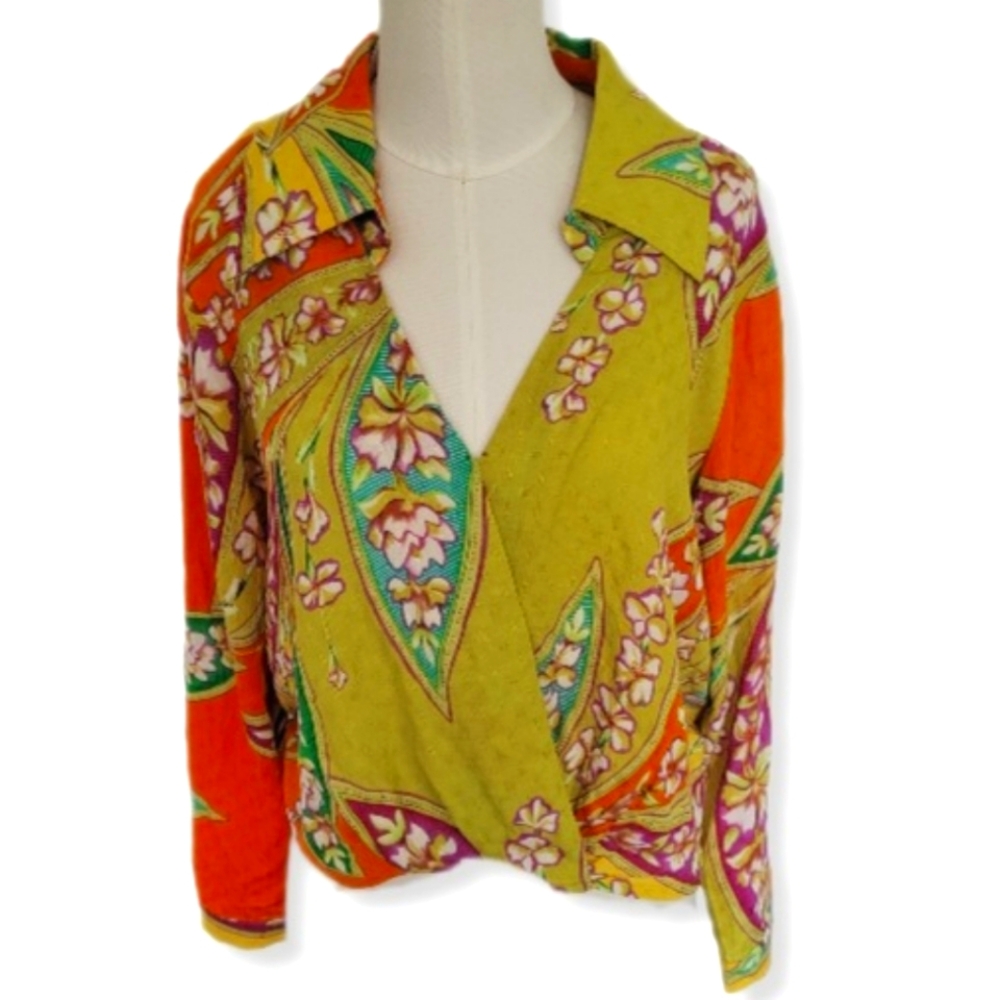 Haute Hippie Blouse Boho Green Orange Floral Long Sleeve Surplice Collar… - Picture 2 of 11